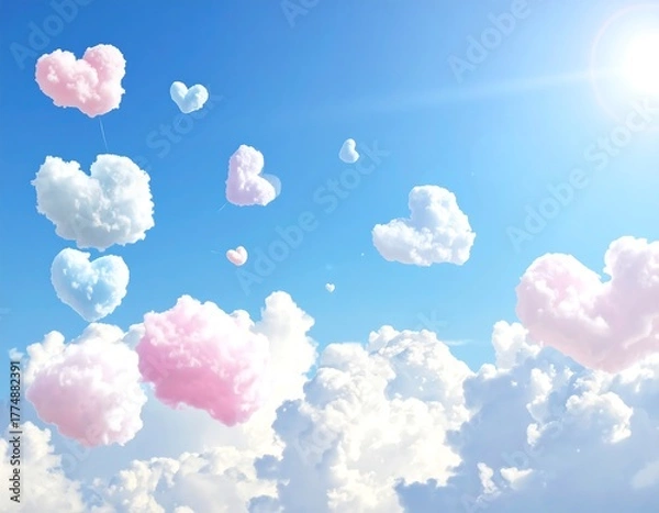 Fototapeta Heart-Shaped Clouds Floating in a Dreamy Blue Sky.