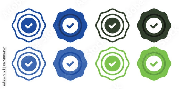 Obraz Certified Seal Stamp Icon Set: Wavy Edge Check Mark Badge, Vector Approved Symbols for Quality, Guarantee, and Verification