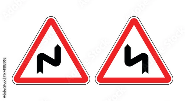 Obraz Sharp and rounded double bend triangular road signs for traffic safety and navigation