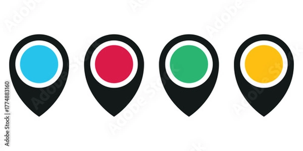 Obraz Pinpoint the Way: A graphic arrangement of four vibrant location markers, each distinct in hue, charting a course for exploration, direction, and the spirit of discovery.