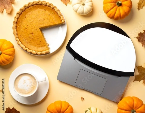 Obraz Cozy Autumn Workspace - Pumpkin Pie, Coffee, and Laptop.
