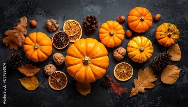Fototapeta Autumnal Still Life - Pumpkins, Dried Citrus, and Fall Foliage.