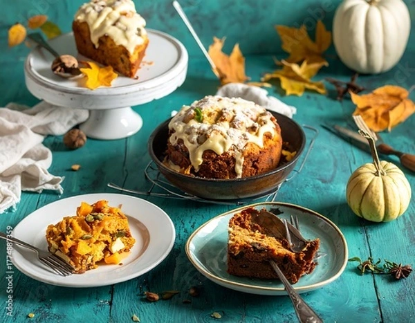 Fototapeta Autumnal Pumpkin Cake Display - A Feast for the Senses.