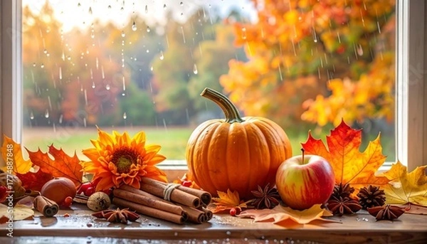 Fototapeta Autumn Still Life with Pumpkin, Apple, and Cinnamon Sticks.