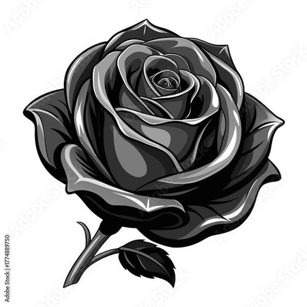 Fototapeta Highly detailed monochromatic vector illustration of a fully bloomed rose flower with stem and leaf in grayscale shades. perfect for gothic design.