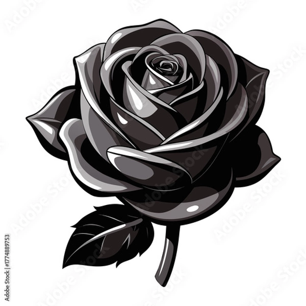 Fototapeta Grayscale vector illustration of a dark rose flower with detailed petals, representing love, sadness, romance, and gothic themes.