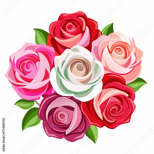 Fototapeta Colorful vector illustration of a dense bouquet of blooming roses featuring red, pink, white, and magenta flowers with green leaves.