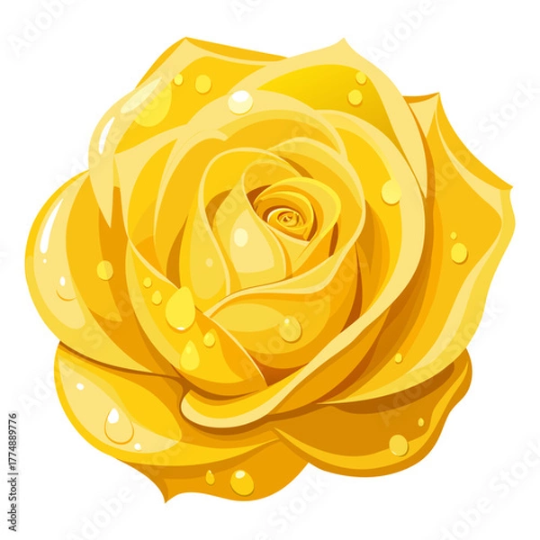 Fototapeta Yellow rose flower bloom vector illustration detailed graphic close up view with glistening water droplets on the shiny gold petals perfect for springtime.