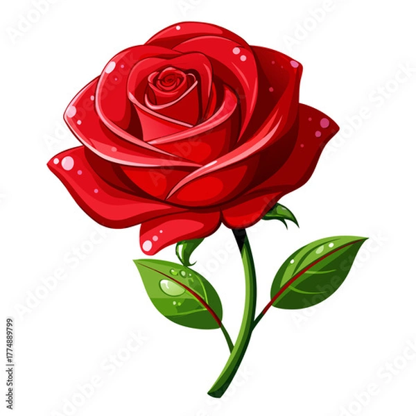 Fototapeta Red rose flower vector illustration with glossy petals and green stem, symbolizing love romance passion beauty and valentines day