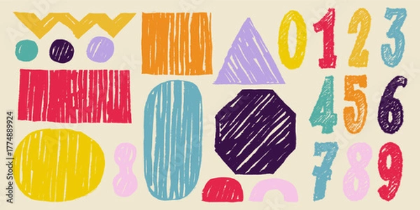 Obraz Colorful abstract geometric shapes and figures drawn with crayon. Modern doodle numbers and primitive elements in naive Swiss design style. Funky creative vector illustration background.