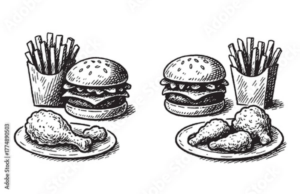 Fototapeta Vintage Fast Food Illustration of Burger, Fries and Fried Chicken