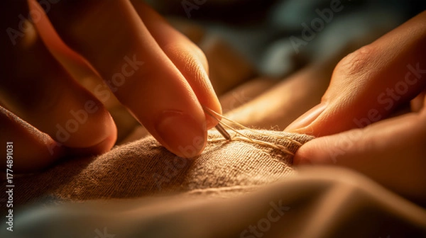 Obraz Hands sewing fabric with needle and thread in warm light close-up
