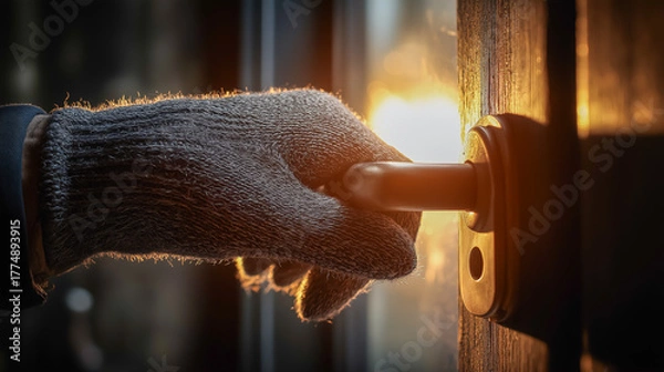 Fototapeta Gloved hand opening door handle in warm sunset light