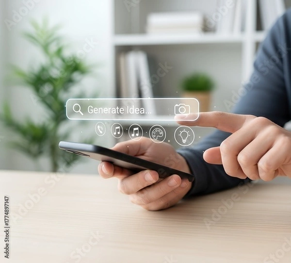 Fototapeta Generate idea search concept with smartphone and glowing icons for creativity, design, music, and innovation. Digital inspiration, imagination, mobile creativity, and technology concept for creative 