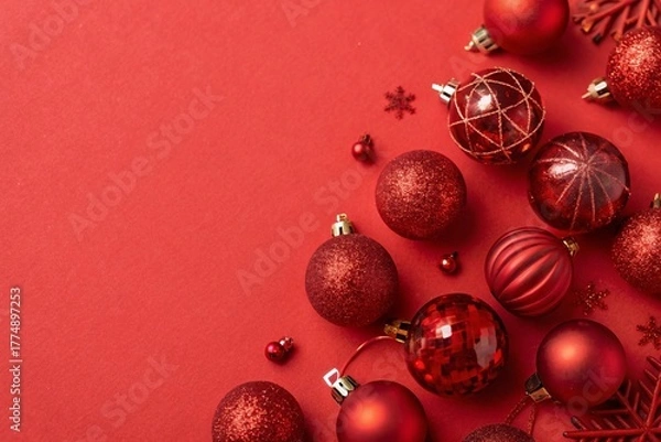 Obraz Red Christmas baubles and decorations on red background. Holiday season composition with shiny ornaments, glitter texture, and space for text. Winter festive mood concept.