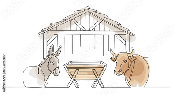 Fototapeta Nativity Manger Scene: Empty Stable with Donkey and Ox. Minimalist One-Line Watercolor Vector for print