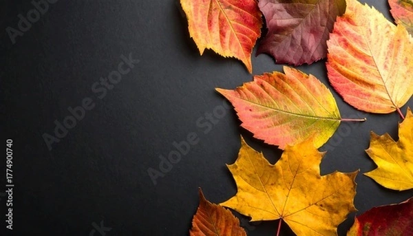 Obraz Autumn Leaves on Dark Background - A Seasonal Still Life.