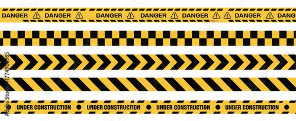 Fototapeta Set of danger and construction tapes yellow and black warning stripes vector illustration for attention and safety concepts
