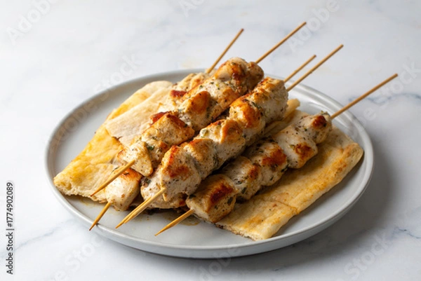 Fototapeta Chicken shish kebab or Greek grilled chicken skewers - chicken souvlaki served with lemon