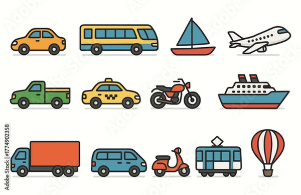 Fototapeta Colorful transportation icons set featuring various vehicles and modes of transport