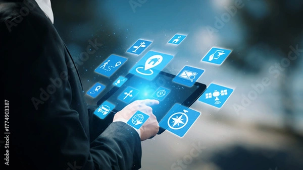 Fototapeta GPS icons show navigation, GPS tracking, and location. GPS supports real time maps, direction, and GPS navigation services for mobility and transport. Gist