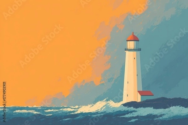 Obraz A lighthouse on a small island with a single cloud above