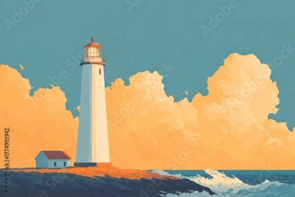 Obraz A lighthouse with a whale breaching in the background