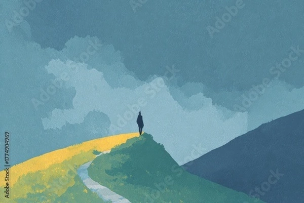 Fototapeta A person working on a laptop in a scenic cafe