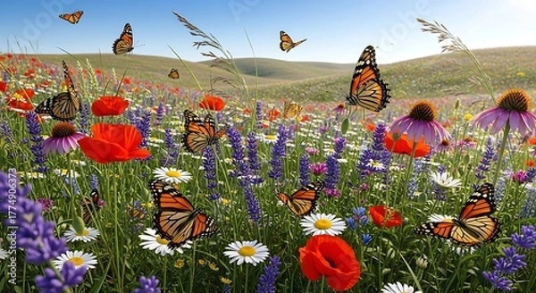 Obraz Vibrant meadow teeming with butterflies and colorful wildflowers under a sunny sky.