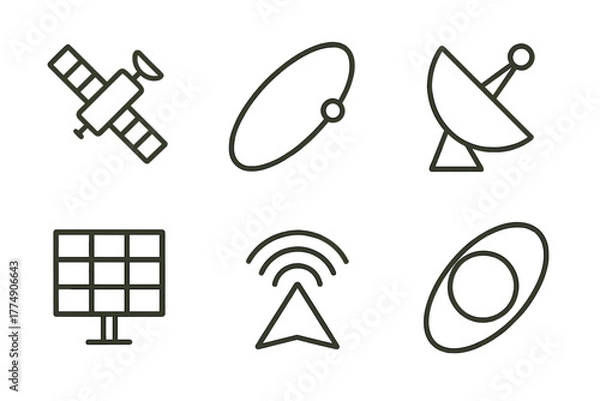 Obraz Space Exploration Icons. Line style icons of space exploration: satellite icon, orbit path, communication dish, satellite solar