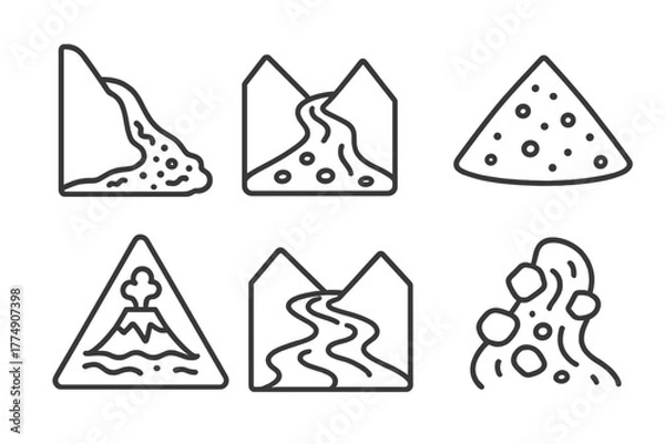 Fototapeta Volcanology Line Icons. Line style icons of volcanology: lahar flow, mudslide path, sediment deposit, lahar warning icon, volcanic