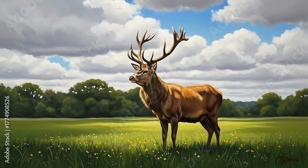 Fototapeta Majestic Stag Standing Proudly in a Lush Green Meadow Under a Cloudy Sky.