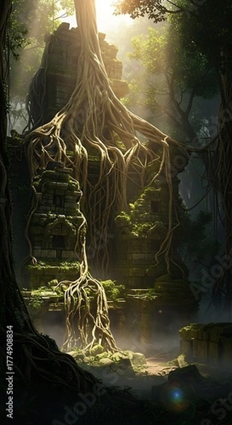 Fototapeta Ancient Temple Ruins Enveloped by Lush Jungle Vegetation and Sunlight.