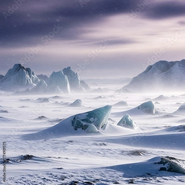 Fototapeta Arctic Wilderness - A Breathtaking Landscape of Ice and Snow Under a Cloudy Sky.