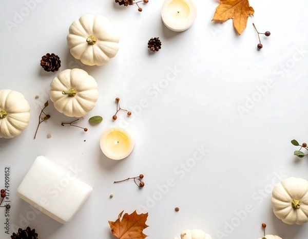 Fototapeta Autumnal Still Life with White Pumpkins and Candles on White Background.