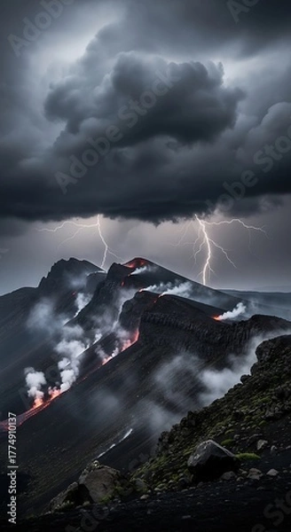 Obraz Dramatic Lightning Strikes Over Volcanic Mountain Eruption.