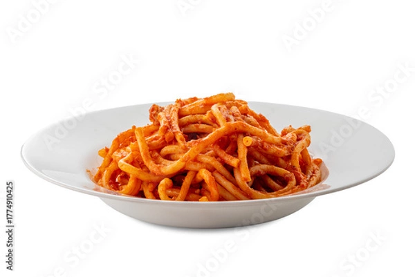 Fototapeta Bucatini pasta Amatriciana, Italian pasta with tomato sauce, pecorino cheese, and guanciale bacon in a white dish isolated