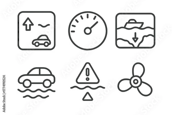 Fototapeta Amphibious Car Dashboard Icons. Line style icons of amphibious car dashboard UI: land-to-water switch, speed in knots, depth