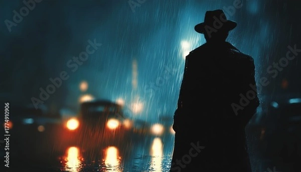 Fototapeta Mysterious Detective: A Shadowy Figure In Trench Coat And Fedora, Braving The Rain On A Noir Film Set Street.