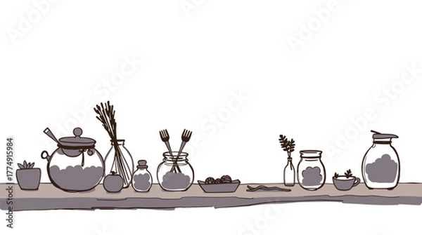 Fototapeta Charming kitchen table with jars and herbs for potion making and culinary uses in a line art style