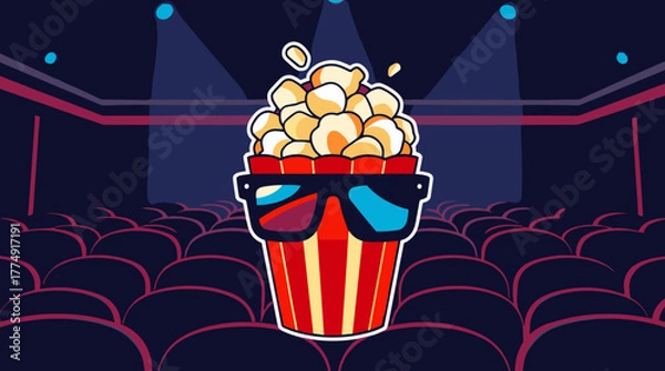 Fototapeta Fun popcorn bucket wearing sunglasses in a vibrant cinema setting with empty seats