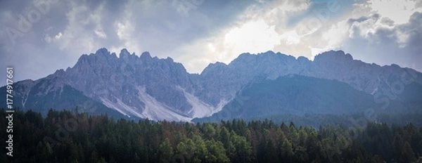 Fototapeta Dolomites Mountain Range with Forest and Fields, South Tyrol