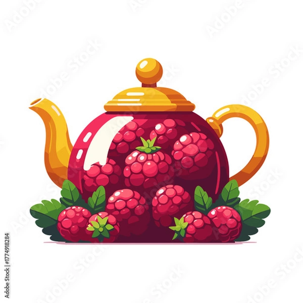 Fototapeta Vibrant teapot filled with fresh raspberries, representing a delicious tea ceremony on a clean background