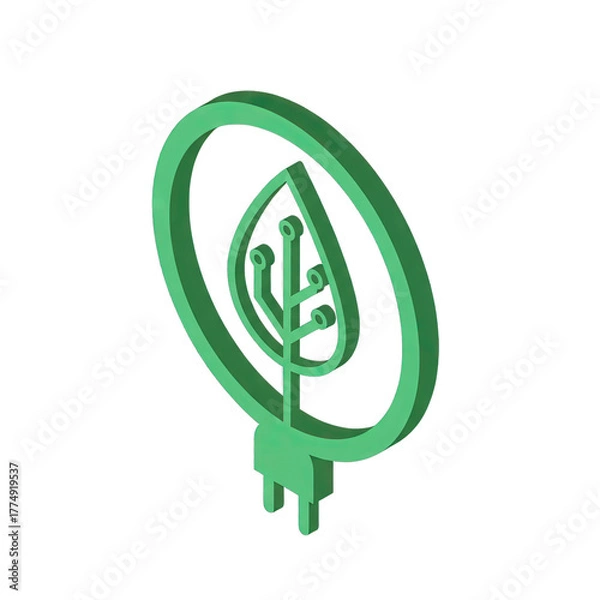 Fototapeta Green Leaf With Circuit Inside A Circle And A Plug On A Transparent Background