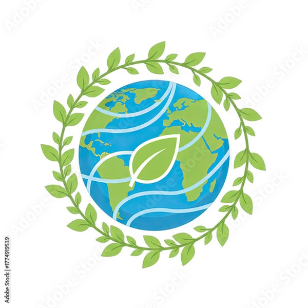 Fototapeta Green Leaf Emblem Surrounds Blue Planet Earth with Continents Depicted in Green and Blue Tones Against a Transparent Background