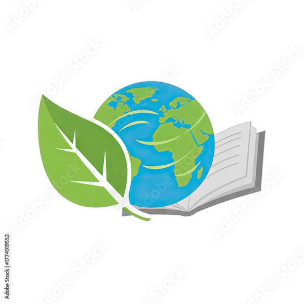 Fototapeta Green leaf with globe and open book on transparent background symbolizing education and environmental awareness