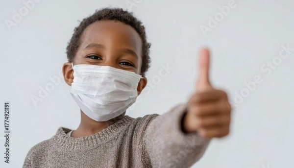 Fototapeta Joyful Black Child Wearing Medical Face Mask Giving A Thumbs Up Sign On White Background. African American Kid Smiling In Safety Mask.