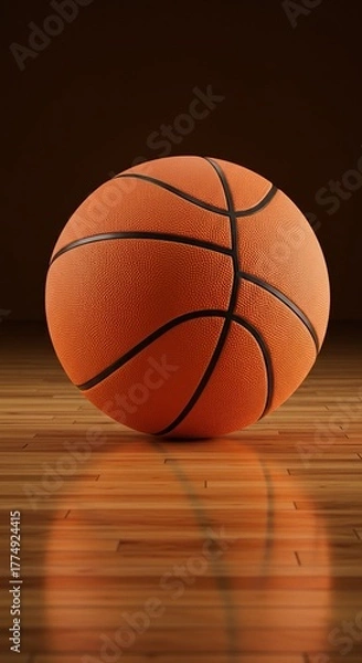 Fototapeta A vibrant orange basketball is captured mid-bounce on a polished wooden court surface, indicating energetic sports activity and dynamic movement ,dynamic ,impact ,play