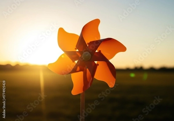 Fototapeta A vibrant pinwheel spins joyfully, bathed in golden sunlight, creating a cheerful scene. It represents happiness and warm, carefree days ,day ,light ,golden light