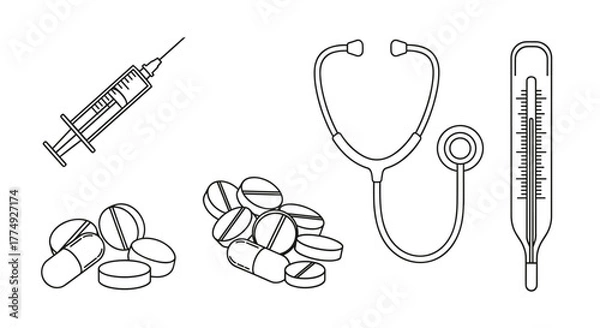 Fototapeta Collection of medical signs including a syringe, stethoscope, pills, and thermometer, hand-drawn with thin lines, perfect for apps, websites, banners, and infographics, representing healthcare and